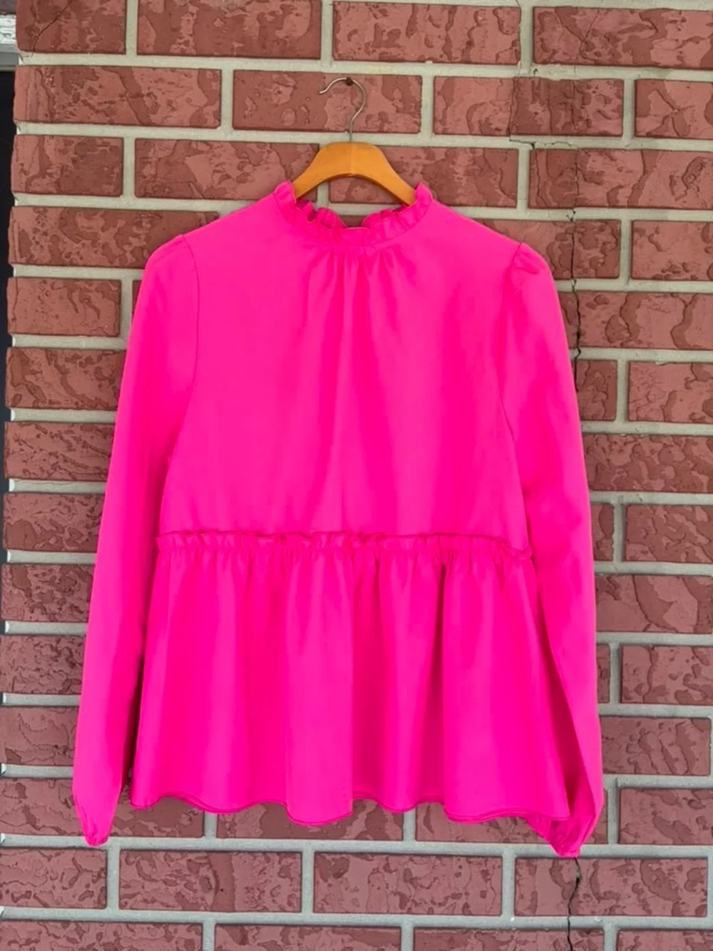 Women’s Ruffled High-Neck Peplum Blouse - Hot Pink